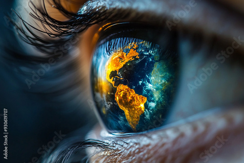 close up of eye, inside of human eye is planet Earth