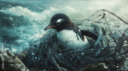 Penguin entangled in plastic waste near the ocean shore. Realistic style, ocean background. Concept of wildlife and pollution