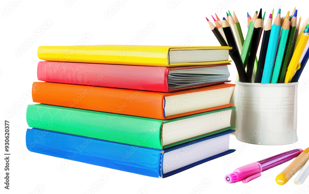 Stack of Vibrant Textbooks on Desk Isolated on Transparent Background PNG. Isolated on Transparent Background PNG. Stack of Vibrant Textbooks on Desk Isolated on Transparent Background PNG. Isolated on Transparent Background PNG.