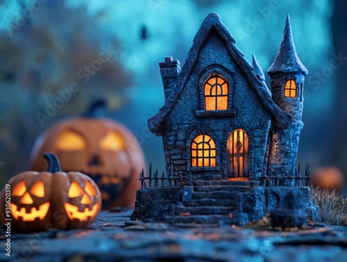 Halloween scene with jackolanterns, haunted house background, 3D illustration photo