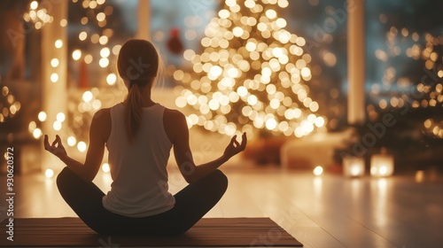 Practicing yoga in front of a sparkling Christmas tree during a quiet holiday evening photo