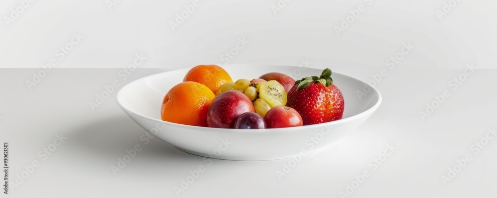 White porcelain dish with fruit on white background, 4K hyperrealistic photo White porcelain dish with fruit on white background, 4K hyperrealistic photo