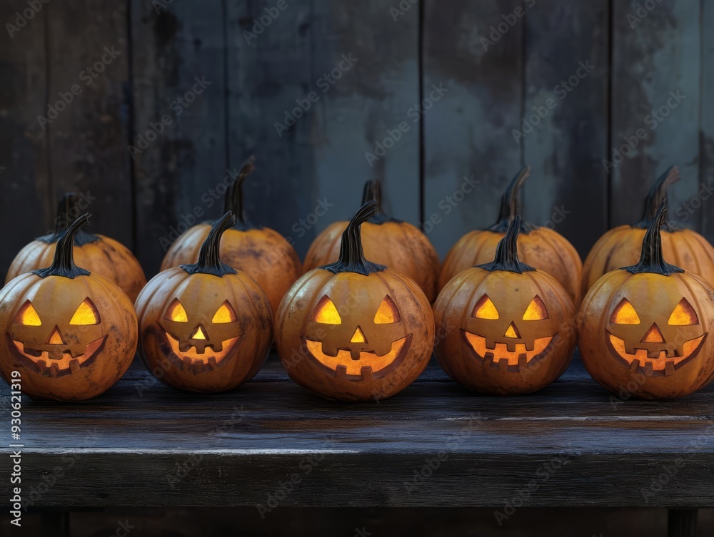 Obraz premium Multiple jackolanterns, arranged on rustic wooden table, 3D illustration