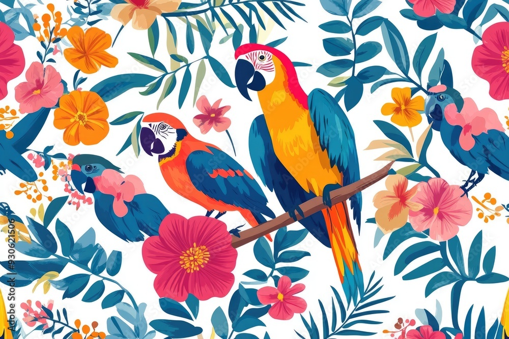 Fototapeta Colorful Parrots and Tropical Flowers on a White Background