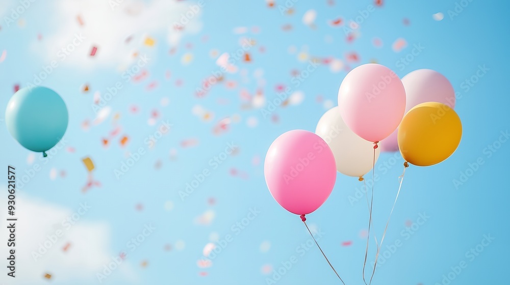 Colorful balloons float against a blue sky, surrounded by confetti, evoking celebration. Colorful balloons float against a blue sky, surrounded by confetti, evoking celebration.