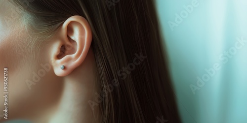 Close-up of a woman's ear featuring a sparkling stud earring, set against a soft blue background, emphasizing the elegance of the jewelry.