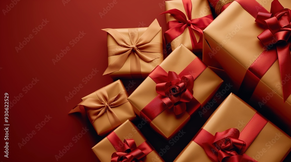 Golden gift boxes with red ribbons and bows, viewed from above, arranged on a burgundy background. 