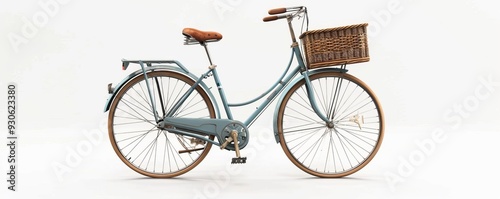 Old-fashioned bicycle with basket on white background, 4K hyperrealistic photo