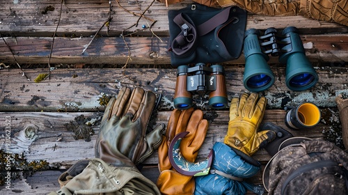 A collection of outdoor gear including gloves, binoculars, and tools on a wooden surface. photo