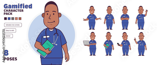 Simple flat black gamified male nurse doctor vector character in a set of multiple poses. Easy to edit and isolated on a white background. Modern trendy style character pack with lots of poses.	