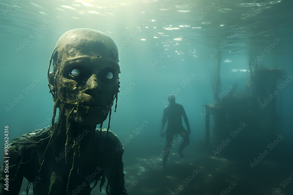Underwater scene featuring eerie figures, evoking a sense of mystery and the supernatural. Underwater scene featuring eerie figures, evoking a sense of mystery and the supernatural.