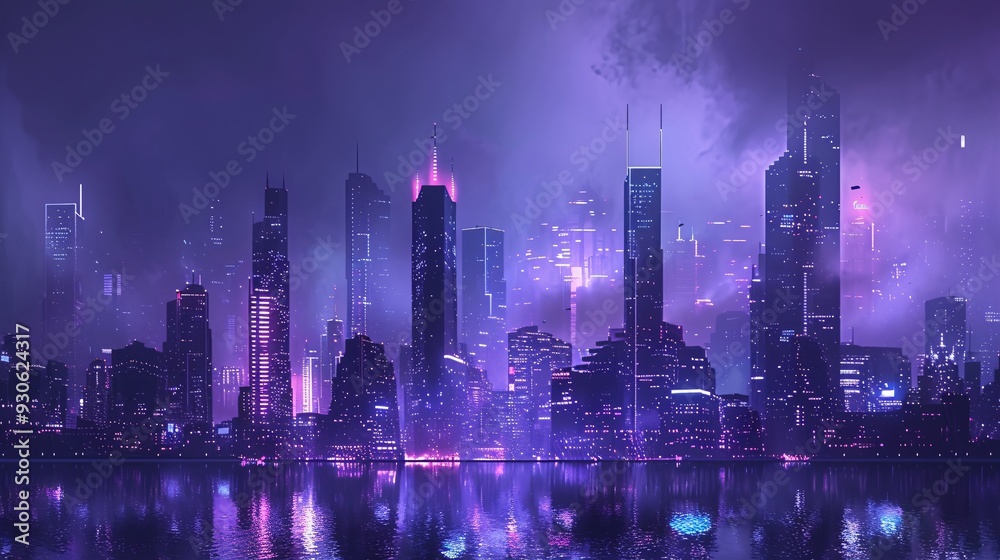 Futuristic City Skyline at Night with Purple and Pink Lighting Futuristic City Skyline at Night with Purple and Pink Lighting