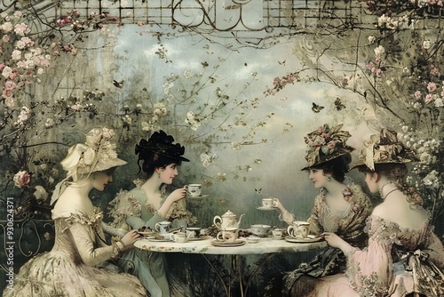 Elegant Victorian Garden Mural Featuring Ladies at Outdoor Tea Party