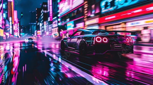 Neon City Nightscape with Sport Car
