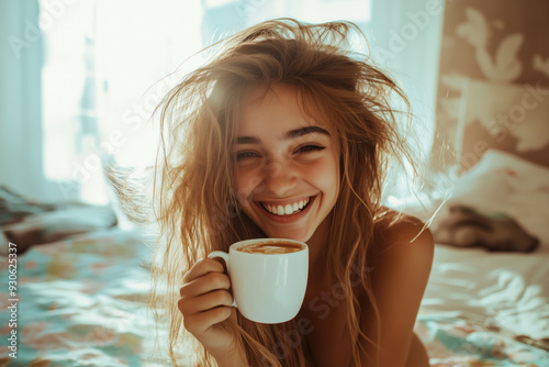 Funny bad hair day image with a happy young woman or student smiling while drinking her morning coffee in bed