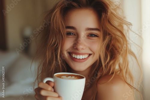 Happy girl with messy hair smiling while drinking morning latte coffee in bed