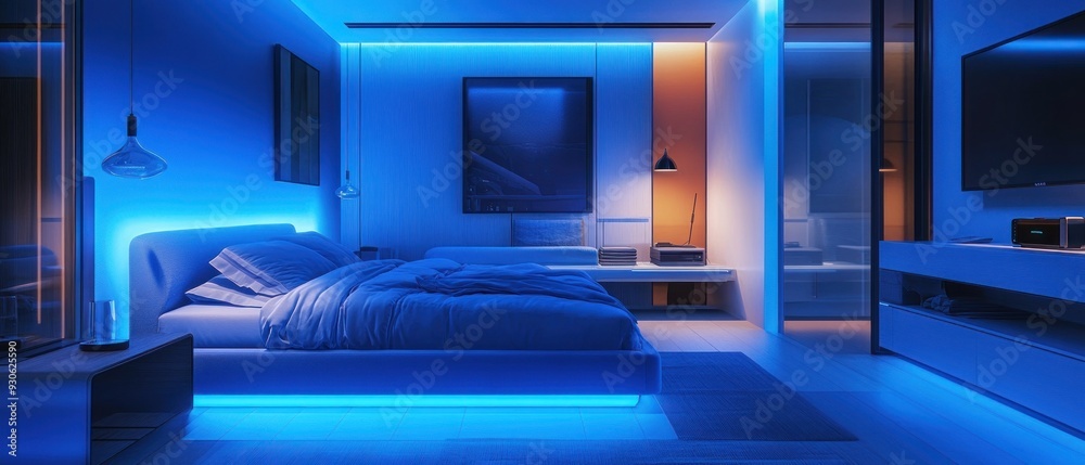 Modern Bedroom Interior with Blue LED Lighting and a Comfortable Bed Modern Bedroom Interior with Blue LED Lighting and a Comfortable Bed