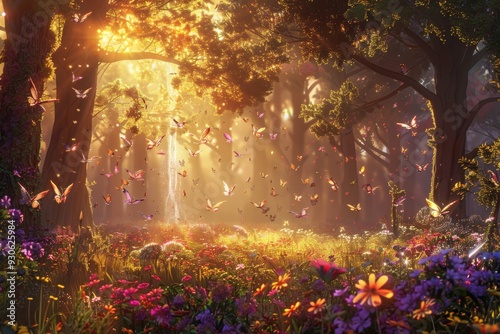 Fairies Fluttering Amidst Towering Pines with Radiant Flowers and Waterfalls.