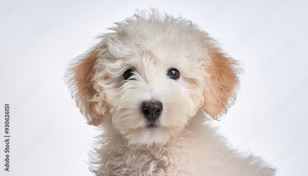 Cute Whoodle puppy looking at the camera. Head close-up portrait of Whoodle dog. Cute Whoodle puppy looking at the camera. Head close-up portrait of Whoodle dog.
