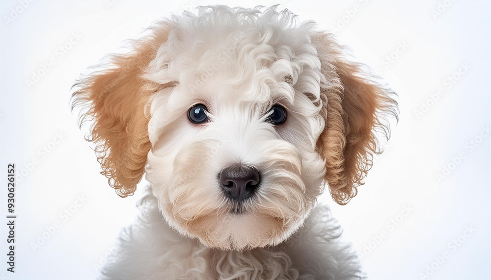 Cute Whoodle puppy looking at the camera. Head close-up portrait of Whoodle dog. Cute Whoodle puppy looking at the camera. Head close-up portrait of Whoodle dog.