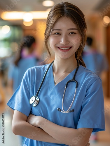 Confident Young Nurse in Blue Scrubs with a Stethoscope in a Hospital Setting. Professional and Compassionate Healthcare Worker Ready to Provide Care