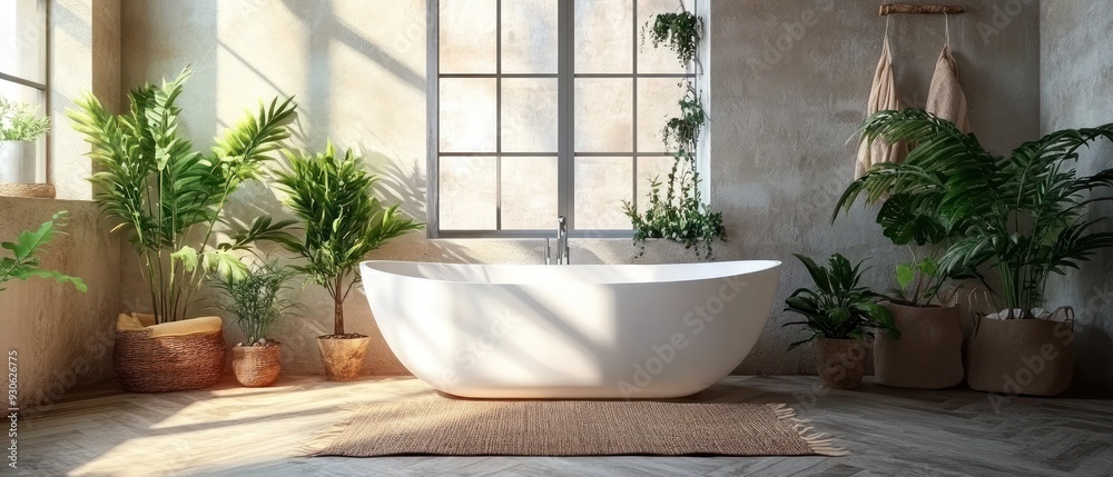 Modern Bathroom with Freestanding Tub, Plants, and a Window Modern Bathroom with Freestanding Tub, Plants, and a Window