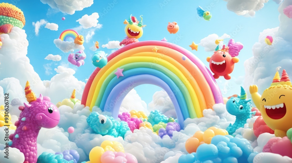 Whimsical 3D render of kids traveling across a vibrant rainbow Whimsical 3D render of kids traveling across a vibrant rainbow