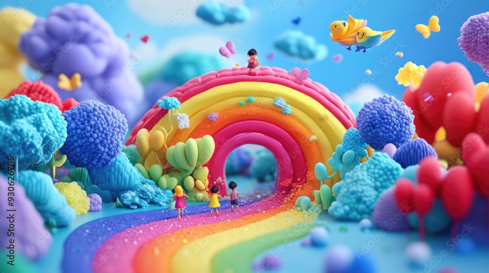 Obraz premium Whimsical 3D render of kids traveling across a vibrant rainbow
