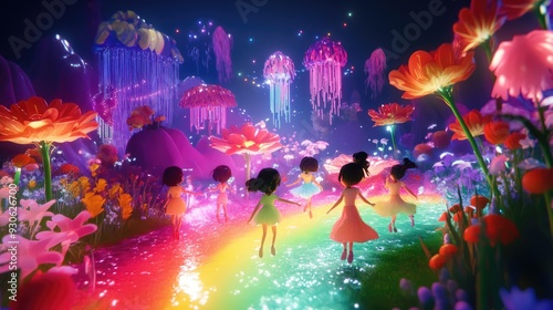 Whimsical 3D render of kids traveling across a vibrant rainbow