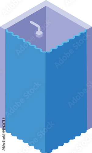 Modern shower cabin with blue curtain isometric icon, bathroom interior concept