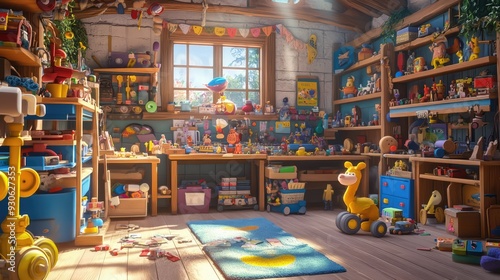 Whimsical 3D render of a magical toy workshop with animated toys