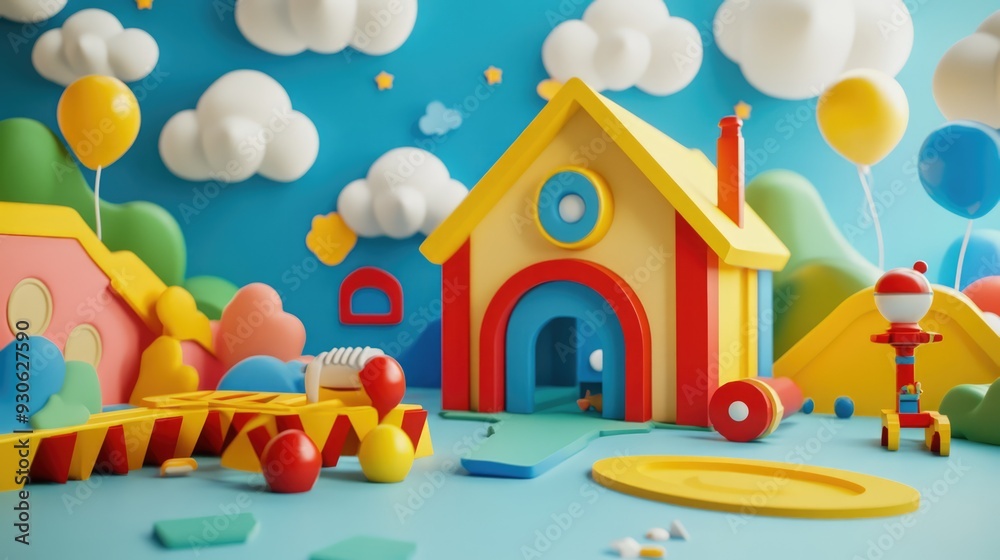Whimsical 3D render of a magical toy workshop with animated toys