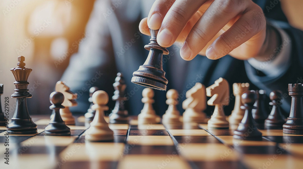 Close-up of a strategic move in a chess game, strategic thinking Close-up of a strategic move in a chess game, strategic thinking