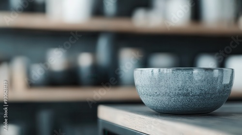 A rustic ceramic bowl sits on a clean wooden kitchen countertop, with blurred shelves in the background housing various other ceramic items, creating a cozy kitchen feel. photo