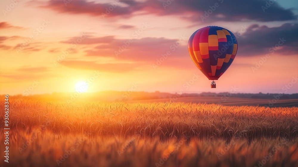 Fototapeta premium Vibrant Hot Air Balloon Soaring Over a Golden Wheat Field at Dawn – Perfect for a Sports Interior Poster or Inspiring Wall Art!