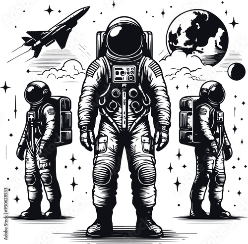 Astronaut Hand Drawn Vector Art Illustration On Solid White Background