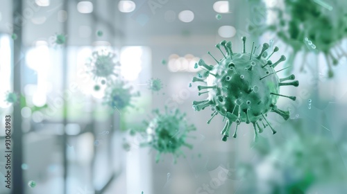 Visual representation of a virus in a modern environment, highlighting healthcare themes and scientific exploration.
