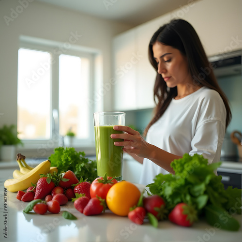 Woman cooking a smoothie, healthy lifestyle