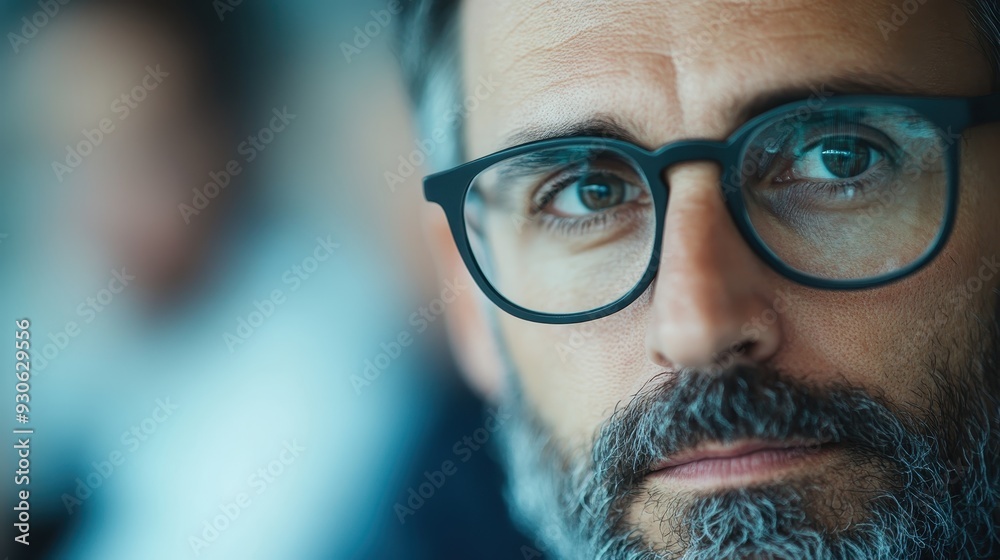 A contemplative man with a beard and wearing glasses gazes seriously at the camera, capturing an intense and focused moment against a soft blurred background, evoking depth and thoughtfulness. A contemplative man with a beard and wearing glasses gazes seriously at the camera, capturing an intense and focused moment against a soft blurred background, evoking depth and thoughtfulness.