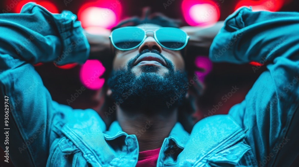 A person is standing with their hands behind their head, illuminated by colorful lighting in a dark room. The image portrays relaxation and contemplation. A person is standing with their hands behind their head, illuminated by colorful lighting in a dark room. The image portrays relaxation and contemplation.