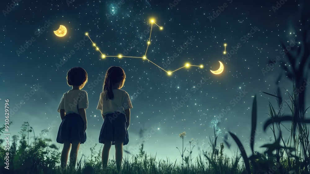 custom made wallpaper toronto digitalWhimsical 3D render of kids exploring a starry night sky with playful constellations