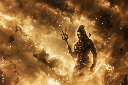 Contemplate Shiva in Celestial Realm with Trident Surrounded by Flames.