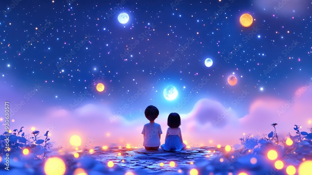 Whimsical 3D render of kids exploring a starry night sky with playful constellations Whimsical 3D render of kids exploring a starry night sky with playful constellations