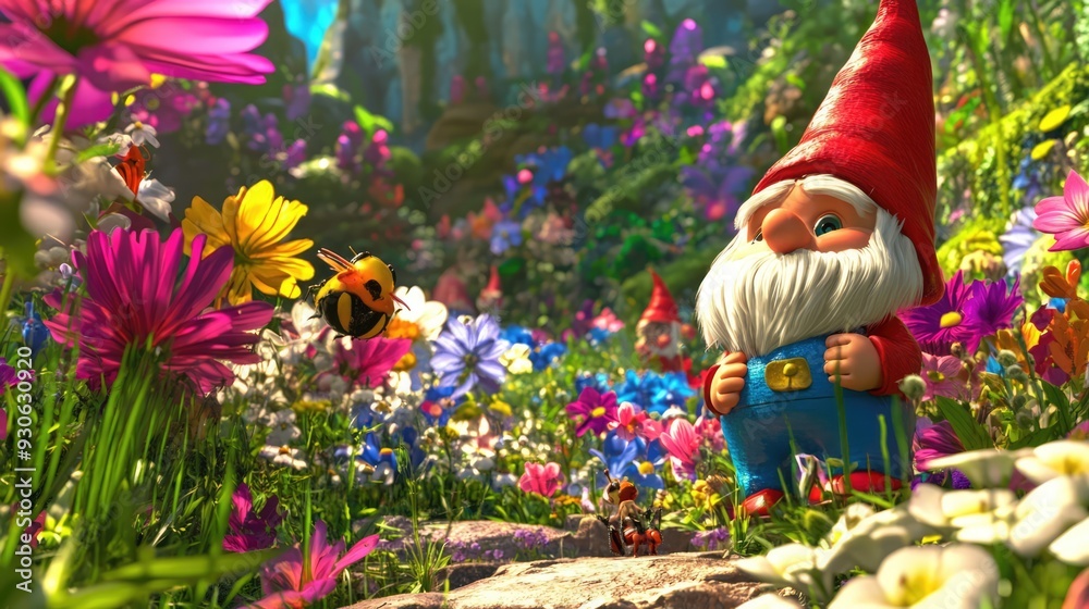 Whimsical 3D render of tiny garden gnomes in a magical garden Whimsical 3D render of tiny garden gnomes in a magical garden