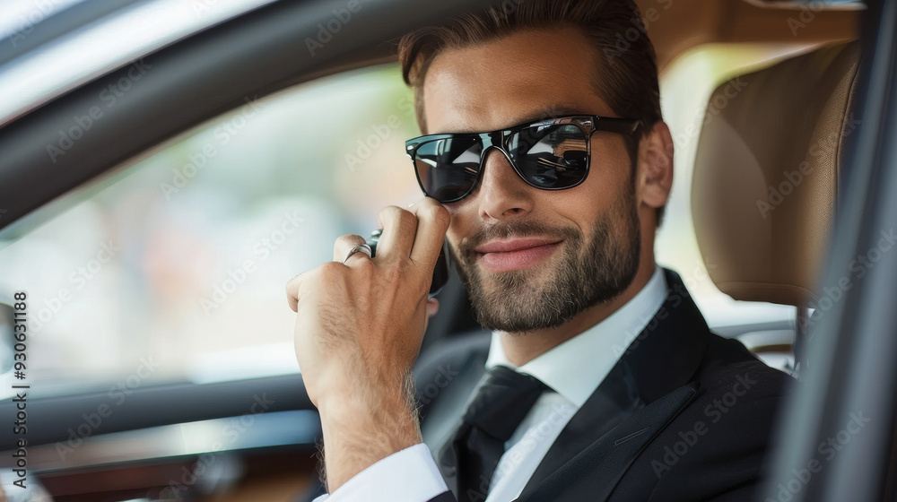 A business driver's security guard in a suit is waiting in a luxury car. He is waiting for his boss, talking on the radio, who is ready to provide transport at any moment. A business driver's security guard in a suit is waiting in a luxury car. He is waiting for his boss, talking on the radio, who is ready to provide transport at any moment.