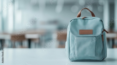 A light blue backpack with a front pocket and brown accents sits prominently on a white table in a classroom setting. The background is slightly blurred.