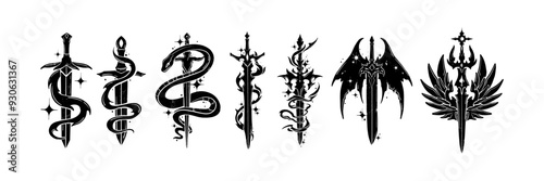 Fantasy sword tattoo set, vector linocut magic blade, dragon wings, fairy tale silhouette collection. Mystic legend snake print, spiritual medieval logotype, witchcraft sign. Sword tattoo black design