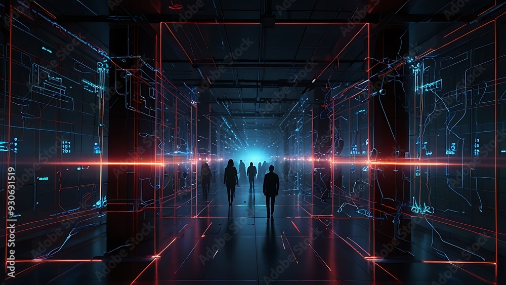 Fototapeta premium Create a futuristic network or data visualization scene with a dark, high-tech aesthetic