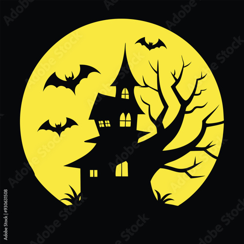 Spooky Halloween vector with haunted house, full moon, and bats in bold, chilling silhouettes.