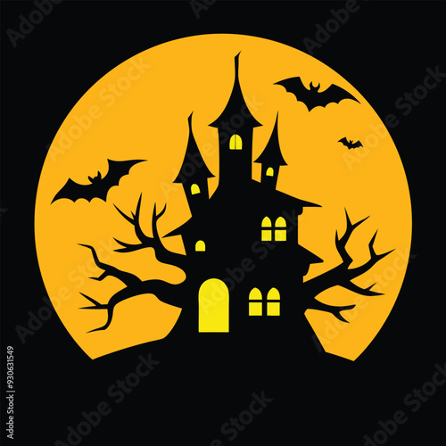 Spooky Halloween vector with haunted house, full moon, and bats in bold, chilling silhouettes.